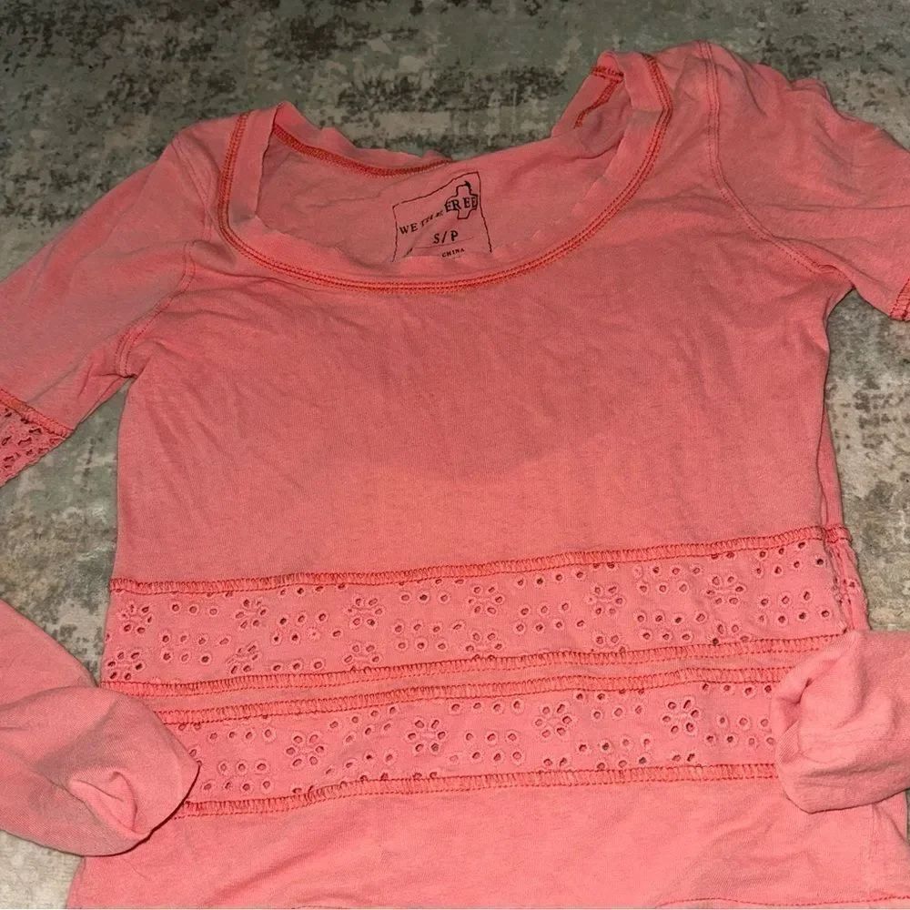 We The Free Pink Embellished Fitted Long Sleeve Blouse